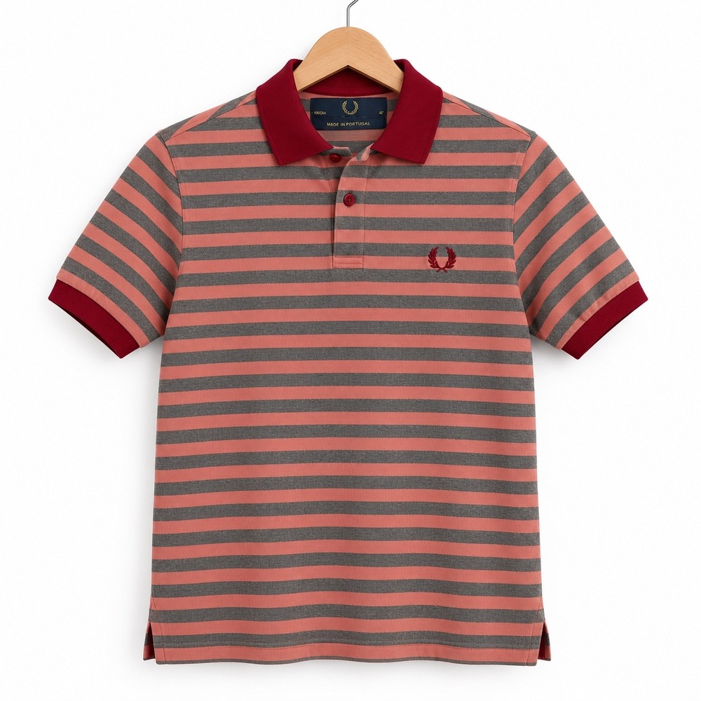 Fred Perry Mens Striped Polo Shirt Size L Coral Gray Cotton M2198 Laurel Wreath